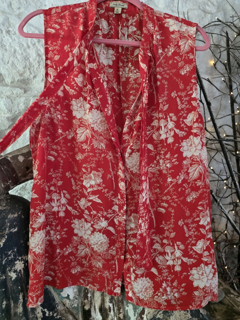 By Lucky Brand Red Floral Sleeveless Top with Tie Detail